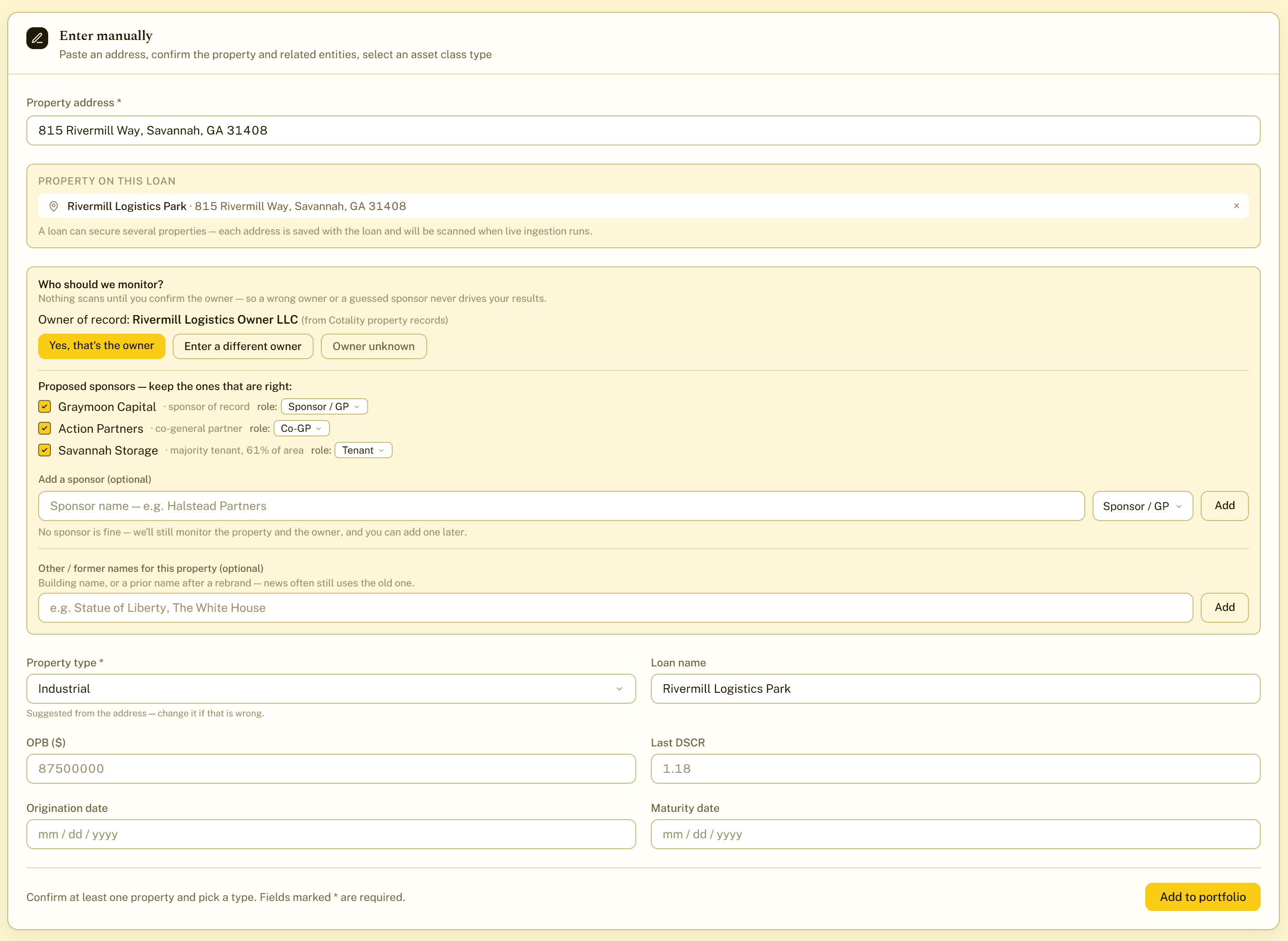 The CanaRE add-loan screen: a confirmed property, the owner of record, and the proposed sponsors awaiting confirmation.