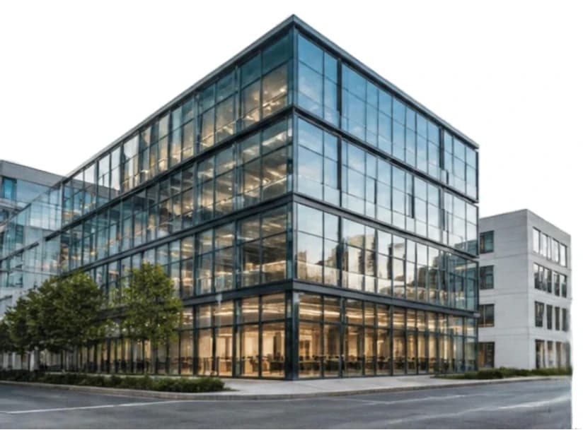 A glass-fronted commercial office building on a city corner.